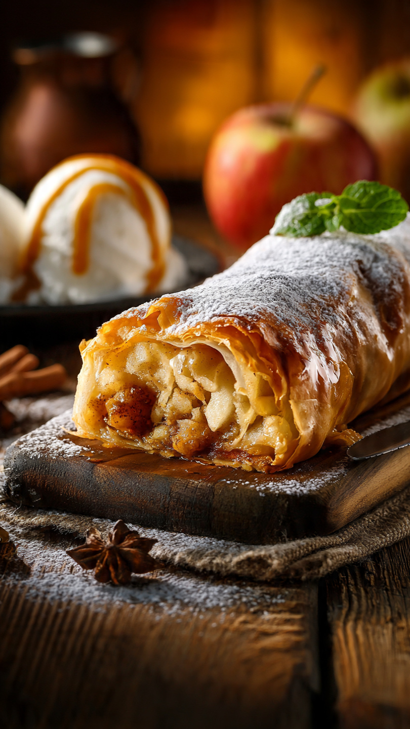 Classic Apple Strudel with Flaky Pastry and Warm Cinnamon Filling